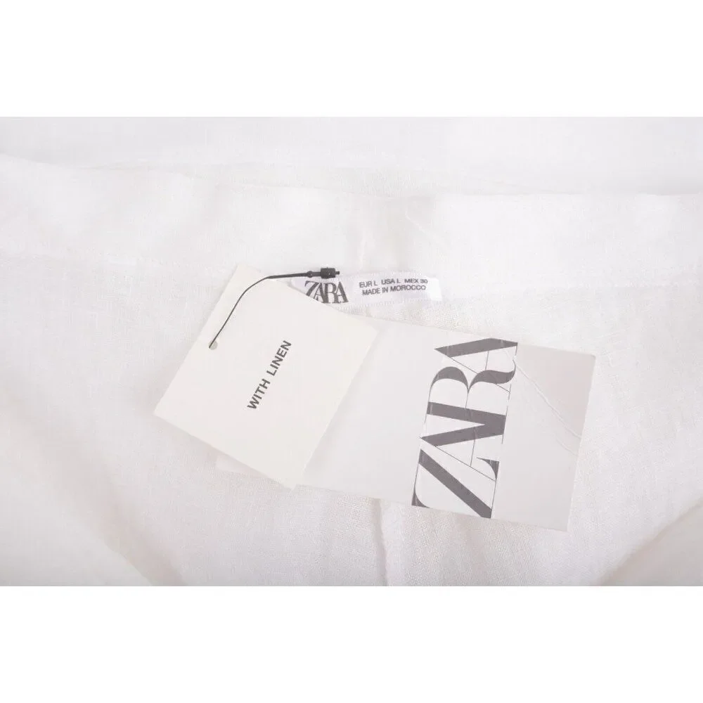 Zara Womens Linen Pants Trousers L White Wide Leg semi sheer 8292/707 NWT